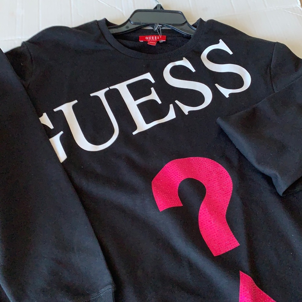 Guess sweatshirt with pink rhinestones, white logo.